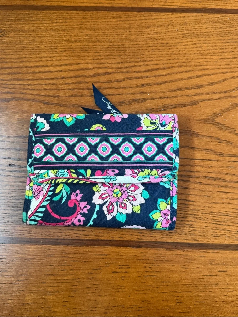 Vera Bradley Navy Floral Quilted Tri-Fold Card Holder with Pink & Green Accents